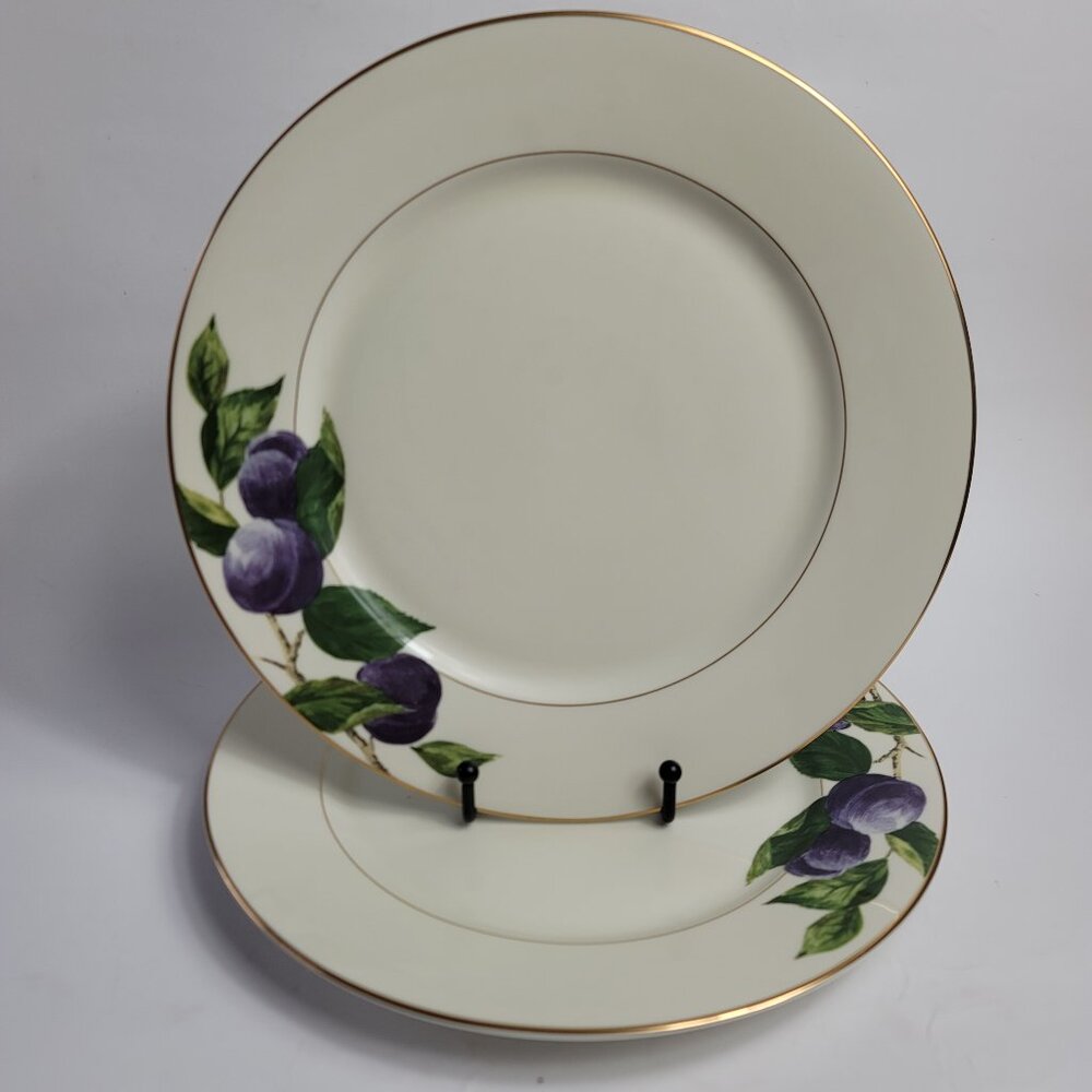 TWO Mikasa Plum L3132 Court Dinner Plates White with Purple Plums Green Leaves